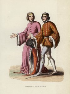Offiserer for domstolen til Richard II (farget gravering) av European School