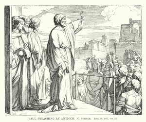 Paulus forkynner i Antiokia, Apostlenes gjerninger, kap xvii, ver 22 (gravering) av European School