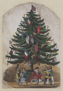 Folk under et juletre, gratulasjonskort (farge litho) av European School