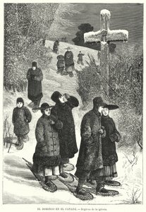 Folk med truger som returnerer fra kirken på søndag, Canada (litho) av European School