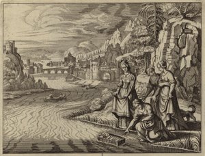 Faraos datter oppdager spedbarnet Moses som flyter på Nilen (gravering) av European School