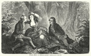 Philinen som kroner Wilhelm Meister med en krans: scene fra Johann Wolfgang Goethes roman Wilhelm Meisters Lehrjahre (gravering) av European School