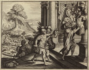 Filisterne setter hodet til Saul i tempelet til sin gud Dagon (gravering) av European School