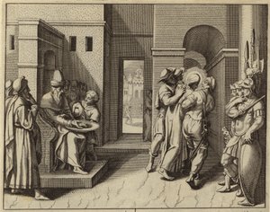 Pontius Pilatus vasker hendene etter at Jesus Kristus er dømt til døden (gravering) av European School