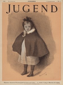 Portrett av en liten jente iført en kappe (farge litho) av European School