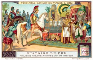 Porus, kongen av Pauravas, tilbyr Alexander den store en stålstang (chromolitho) av European School