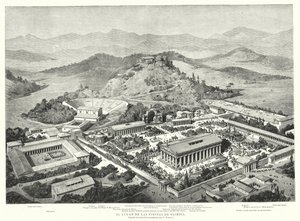 Rekonstruksjon av det gamle Olympia, Hellas (litho) av European School