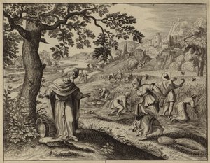 Rut møter Boas mens hun sanket i åkeren hans (gravering) av European School