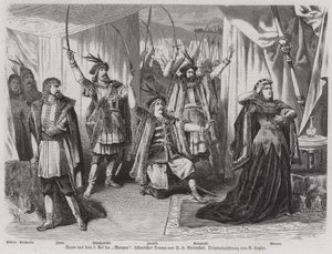Scene fra akt III av den tyske dramatikeren Salomon Hermann Mosenthals historiske drama Maryna (gravering) av European School