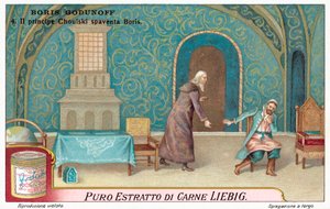 Scene fra Modest Mussorgskys opera Boris Godunov (chromolitho) av European School