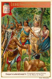Scene fra The Deerslayer, av James Fenimore Cooper (chromolitho) av European School