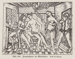 Scene i et Frauenhaus, et tysk bordell fra senmiddelalderen (gravering) av European School