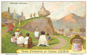 Siamesiske buddhister som tilber ved en balanserende steinhelligdom (chromolitho) av European School