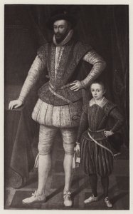 Sir Walter Raleigh og hans sønn (litho) av European School