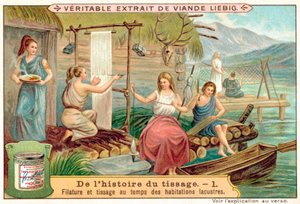 Spinning og veving i en gammel landsby ved innsjøen (chromolitho) av European School