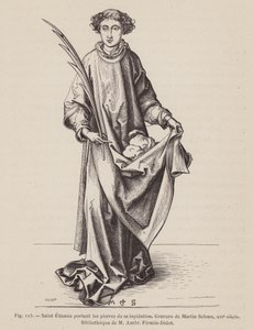 St Stephen bærer en martyrs palmeblad og steinene som ble brukt i hans martyrium (gravering) av European School