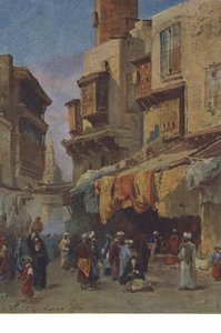 Gatescene fra Kairo, Egypt (fargelitografi) av European School