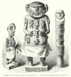 Tahitiske idoler, skåret i tre (gravering) av European School