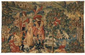 Tapet som viser pastoral scene med fruktplukking, eller The Seigneur in his Park eller Rural Alliance og fruktplukking, ca. 1500 (ull og silke) av European School