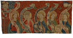 Tapetfragment som viser den allmektige og seks hellige kvinner, sannsynligvis fra et antependium, slutten av 1400-tallet (ull) av European School
