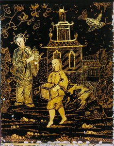 Tea Caddy på kinesisk måte som viser en portør og en dame som bærer en tekanne (metall) av European School