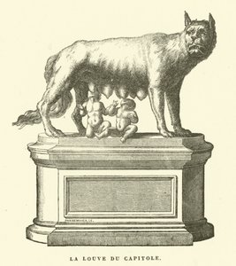 Capitoline Wolf, bronseskulptur som viser ulven som dier Romulus og Remus, tvillinggrunnleggerne av Roma (gravering) av European School