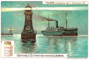 Fyret i Øresund, mellom Danmark og Sverige (chromolitho) av European School