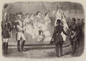 Krigen, presentasjon til keiserinne-regenten Eugenie av et østerriksk flagg tatt ved Magenta (gravering) av European School