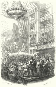 Begynnelsen på den belgiske revolusjonen: fremføring av Daniel Aubers opera La Muette de Porcini ved Theatre de la Monnaie i Brussel, 25. august 1830 (gravering) av European School