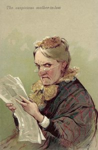 Den mistenksomme svigermoren (fargelitografi) av European School