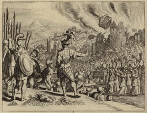 Trompetene til Josva braker ned Jerikos murer (gravering) av European School