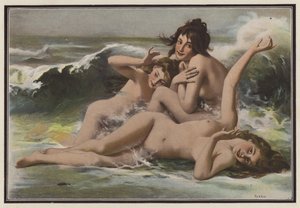 Tre kvinner blant bølgene (farge litho) av European School