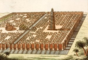 Tower of Babel, Royal Palace and Hanging Gardens of Bablyon (farget gravering) av European School