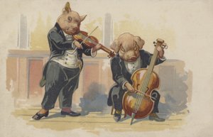 To griser som spiller musikkinstrumenter (fargelitografi) av European School