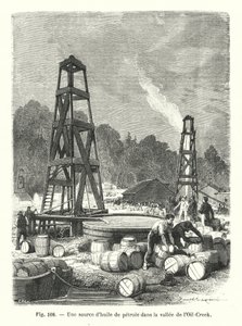 En kilde til petroleumsolje i Oil-Creek-dalen (gravering) av European School