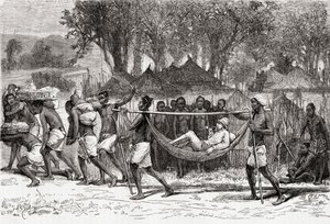 Verney Lovett Cameron ankommer landsbyen Oulonnda, Afrika, 1878 (tregravering) av European School