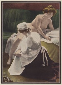 Kvinne blir tørket av hushjelpen (farge litho) av European School