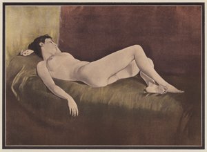 Kvinne liggende på en seng (farge litho) av European School