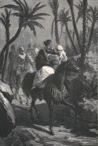 Cervantes rir på hest med en kvinne i en oase av Eusebio Planas