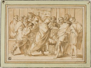 Scene fra romersk historie, med drapert figur som presenterer bok til linjal av Eustache Le Sueur