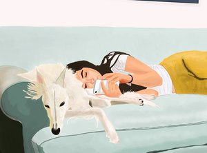 Penny og Ava på sofaen hjemme (digital kunst) av Evan Sklar