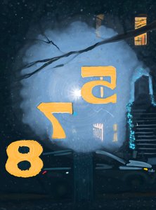 Snø om natten sett gjennom nummerering på inngangsdøren, Brooklyn (digital kunst) av Evan Sklar