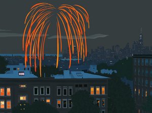 Utsikt over New Yorks havn og skyline med fyrverkeri sett fra Brooklyn (digital kunst) av Evan Sklar