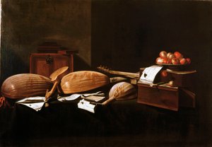 Stilleben Pecher og musikkinstrumenter. Maleri av Evaristo Baschenis (1617-1677) Bergamo fra 1600-tallet, privat samling av Evaristo Baschenis