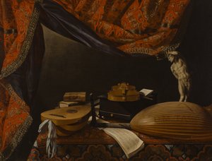 Stilleben med musikkinstrumenter, bøker og skulptur, ca. 1650