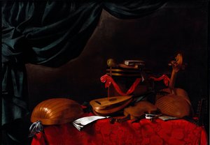 Stilleben med musikkinstrumenter og en pære Maleri av Evarista Baschenis (1617-1677) 1600-tallet. Bergamo, Accademia Carrara, Italia