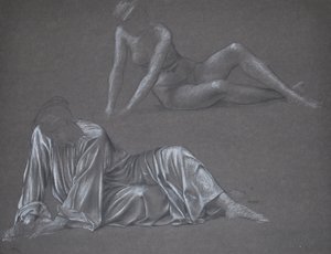 Double Study for Earthbound - tilbakelent kvinneskikkelse, 1897 (kritt på papir) av Evelyn De Morgan
