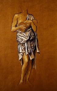 Venstrehånds kvinnelig supplikant på en brygge/ St Christin (blått og hvitt fargestift på papir) av Evelyn De Morgan
