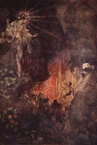 Uzuma vekker nysgjerrigheten til Ama-terasu, illustrasjon fra 'The Myths and Legends of Japan' av F Hadland Davis av Evelyn Paul