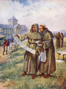 Bygge et kloster (farge litho) av Evelyn Stuart Hardy